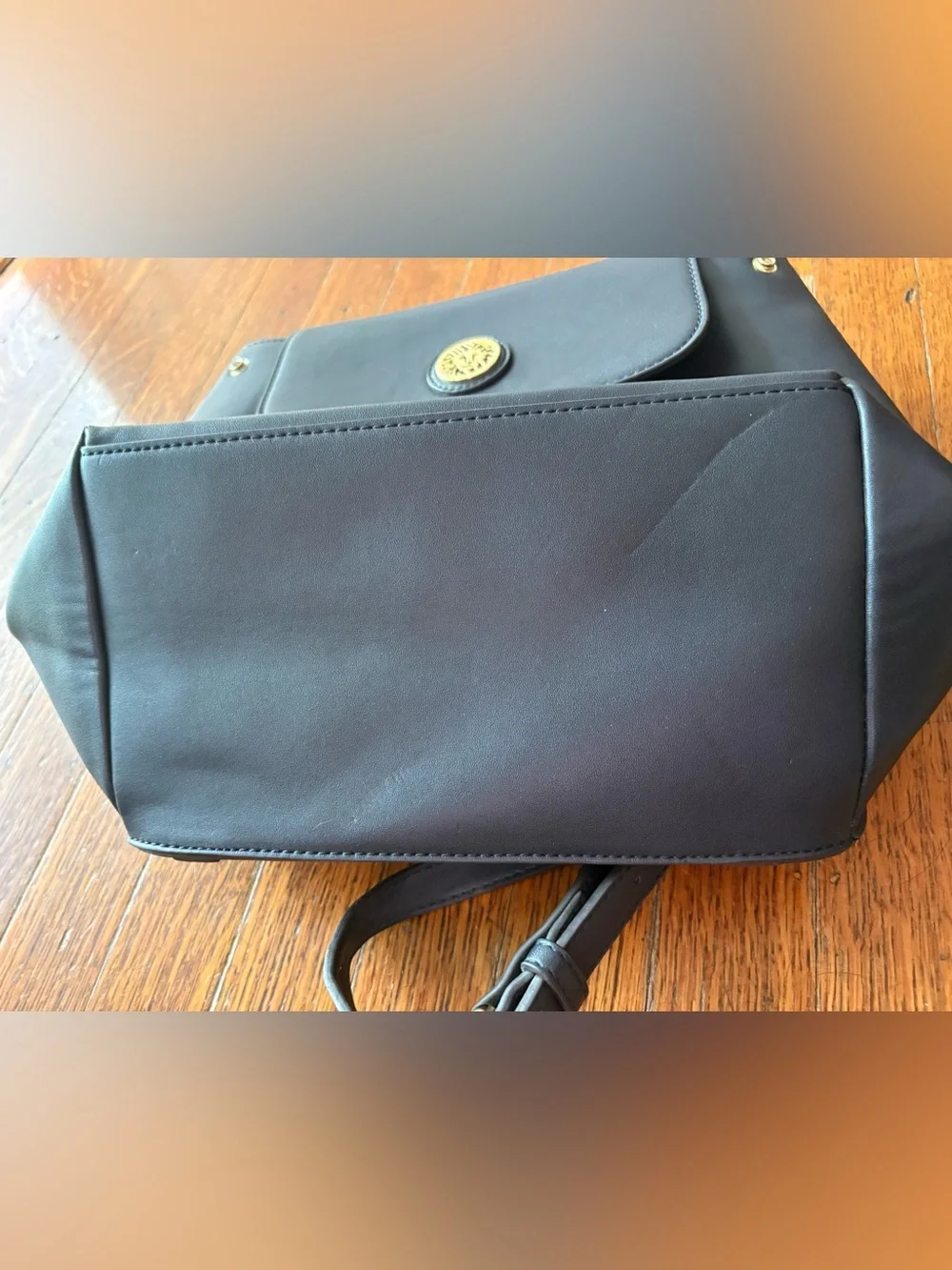 Anne Klein Black Women’s Faux Leather Backpack with Gold Hardware